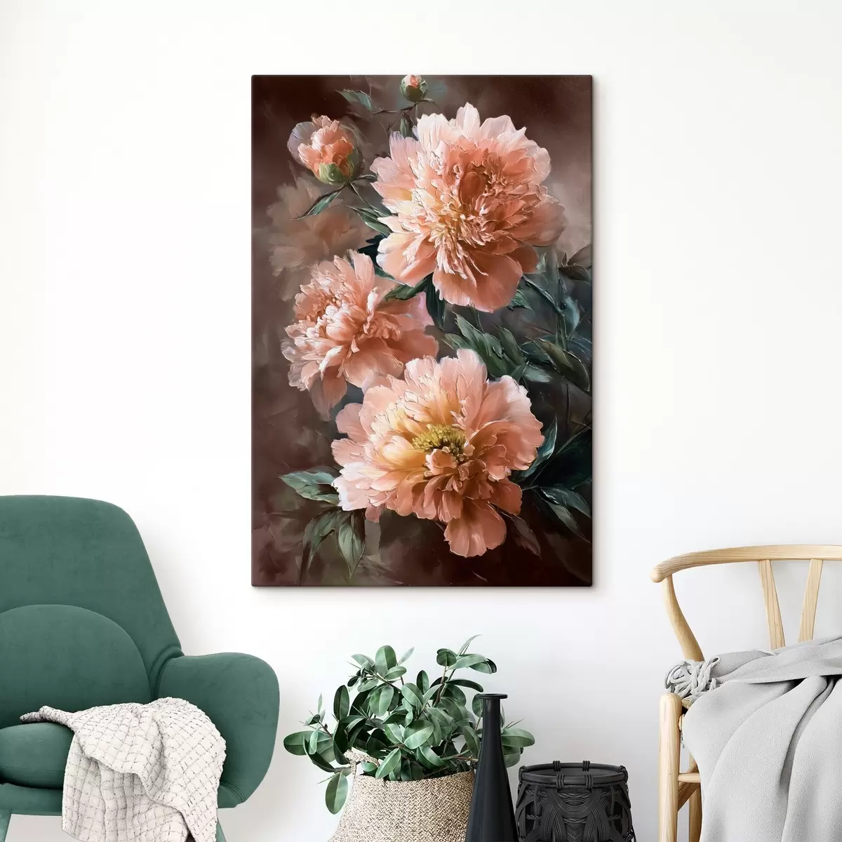  Peintures Bouquet de pivoines roses avec des traits gras sur un fond sombre s45260