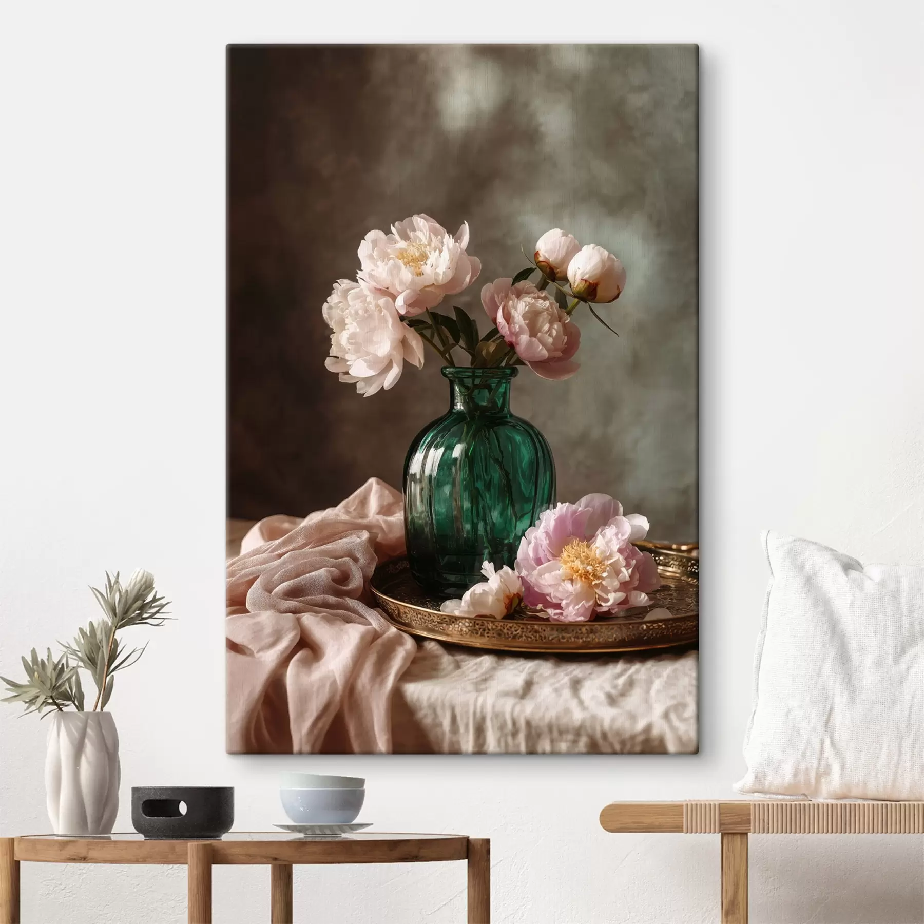  Schilderijen Delicate roze pioenrozen in een smaragdgroene vaas s45261