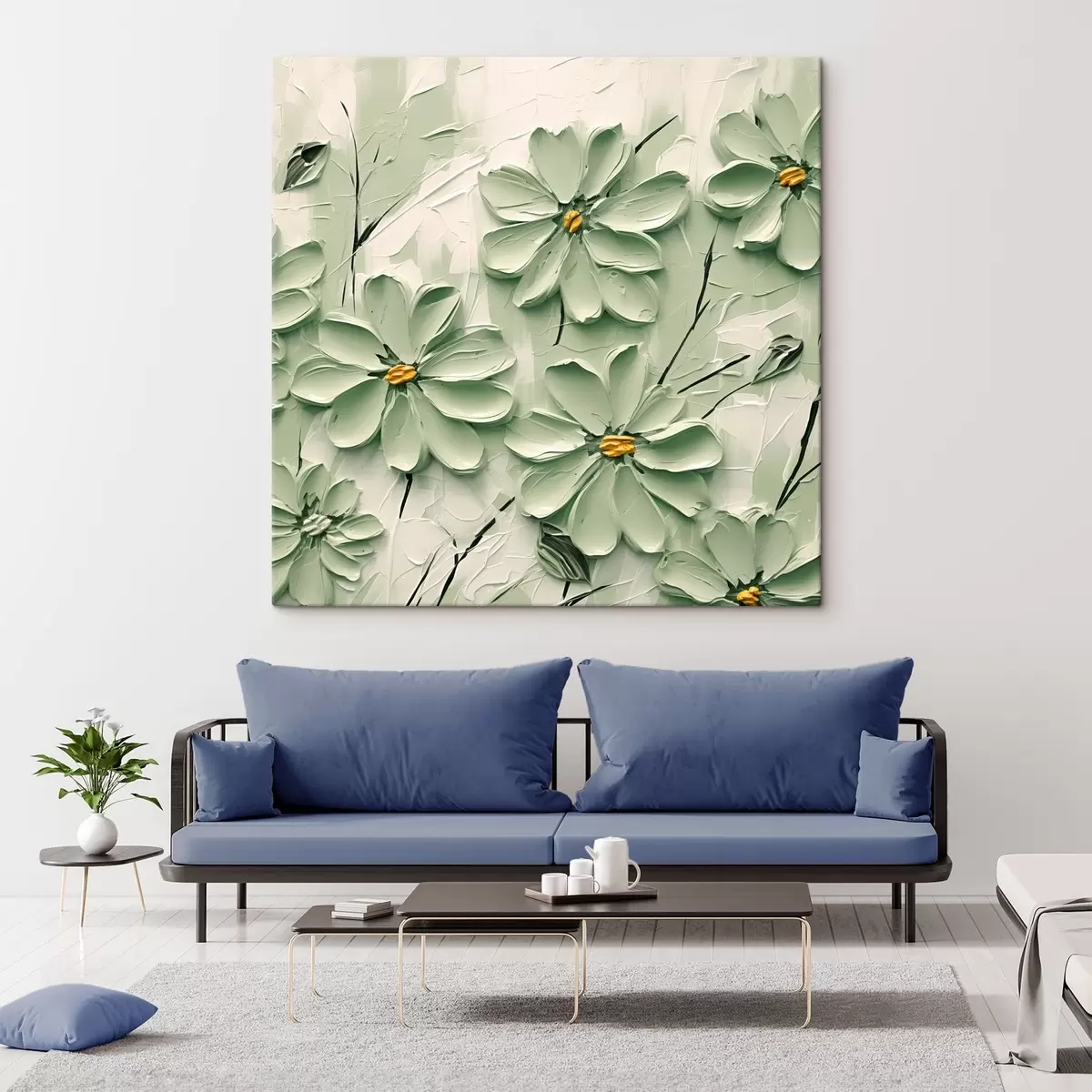  Schilderijen Groene bloemen met gele harten geschilderd in dikke penseelstreken op een lichte achtergrond s45265