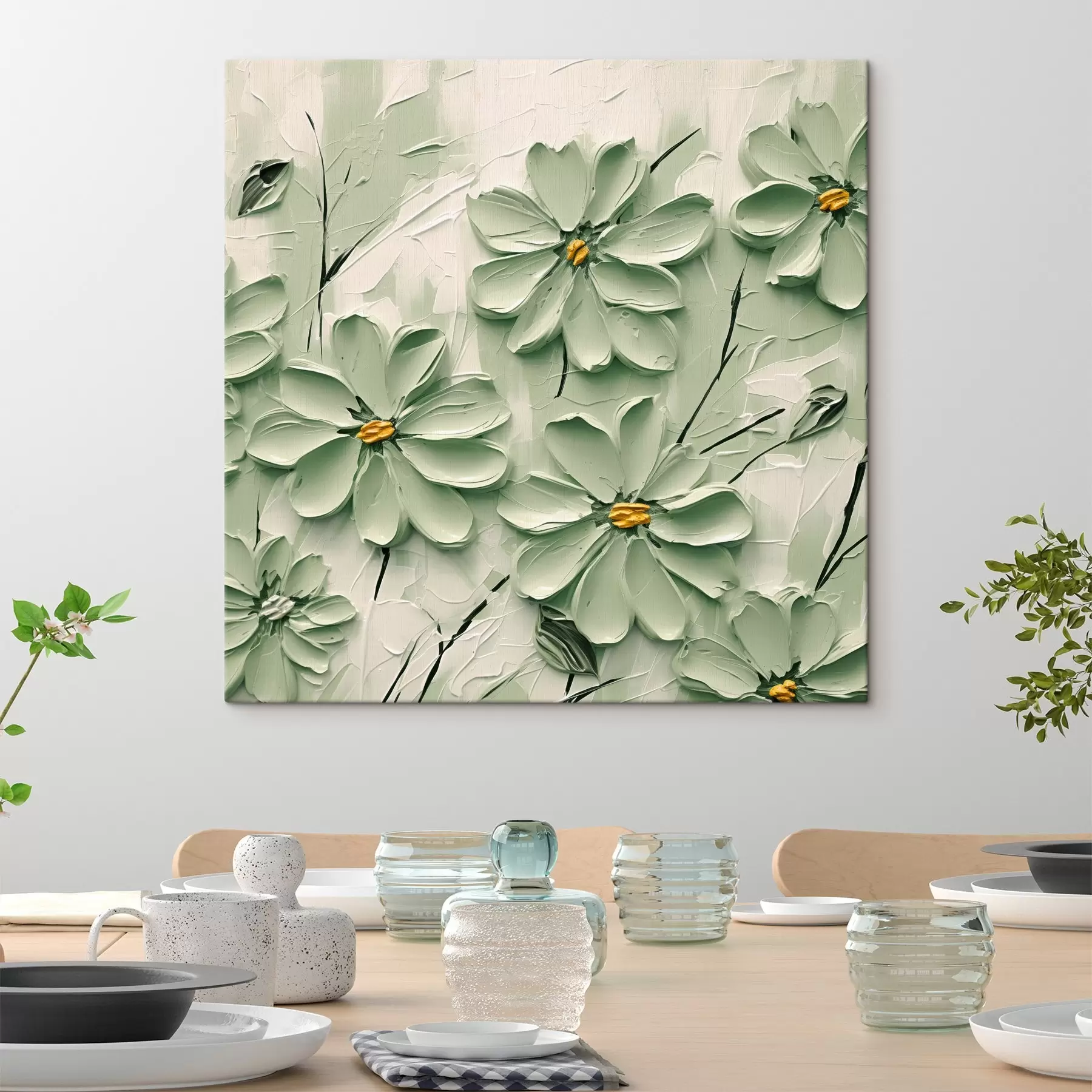  Schilderijen Groene bloemen met gele harten geschilderd in dikke penseelstreken op een lichte achtergrond s45265