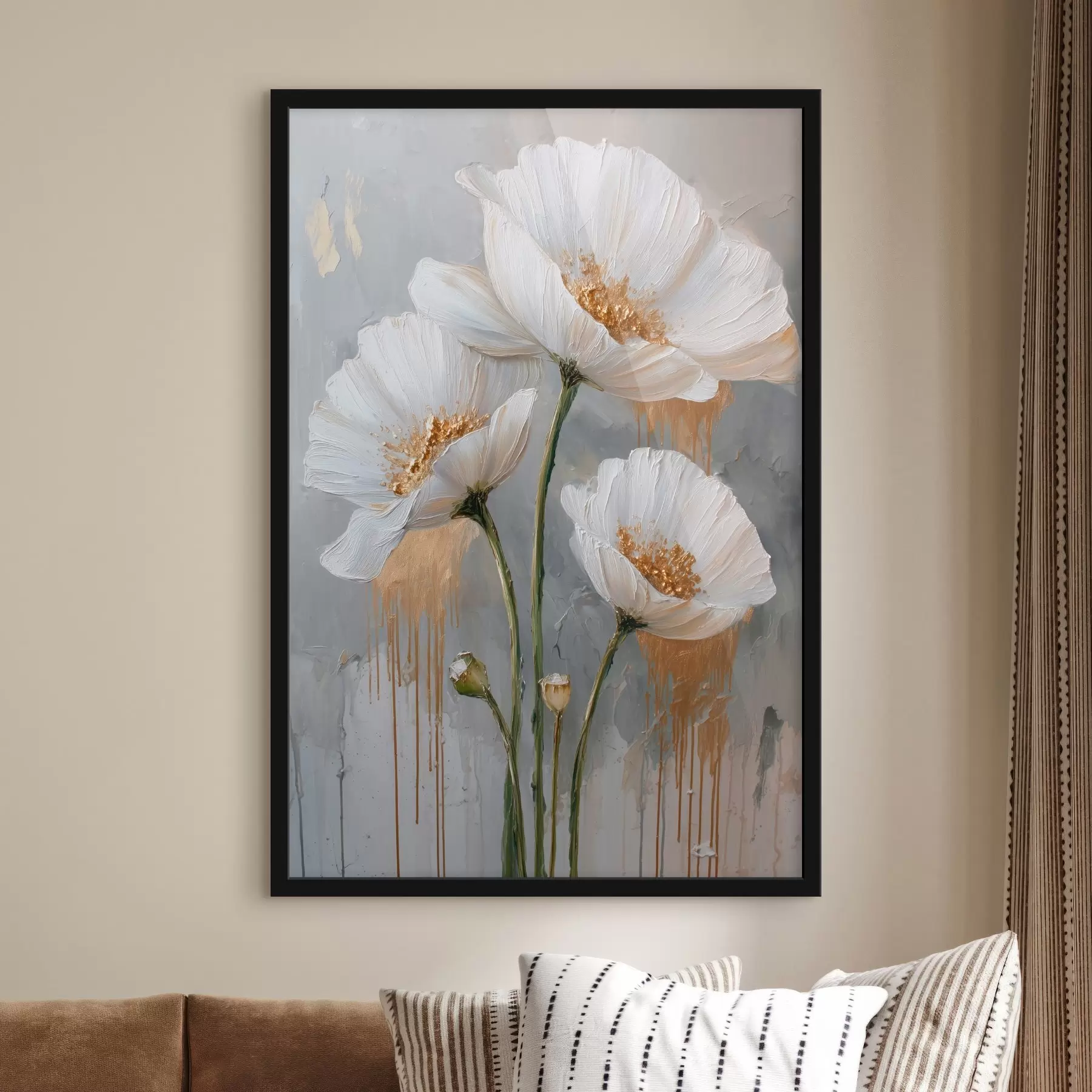 Fotobehang Witte margrieten: volumetrisch schilderij op blauwe achtergrond f45240