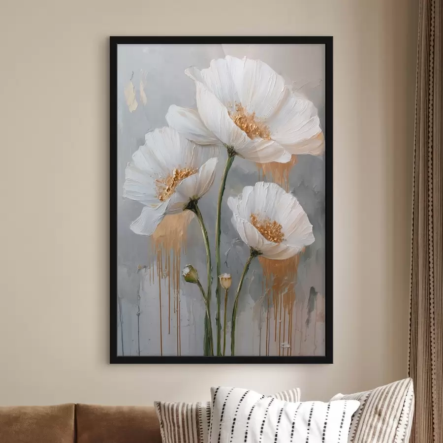 Fotobehang Witte margrieten: volumetrisch schilderij op blauwe achtergrond f45240