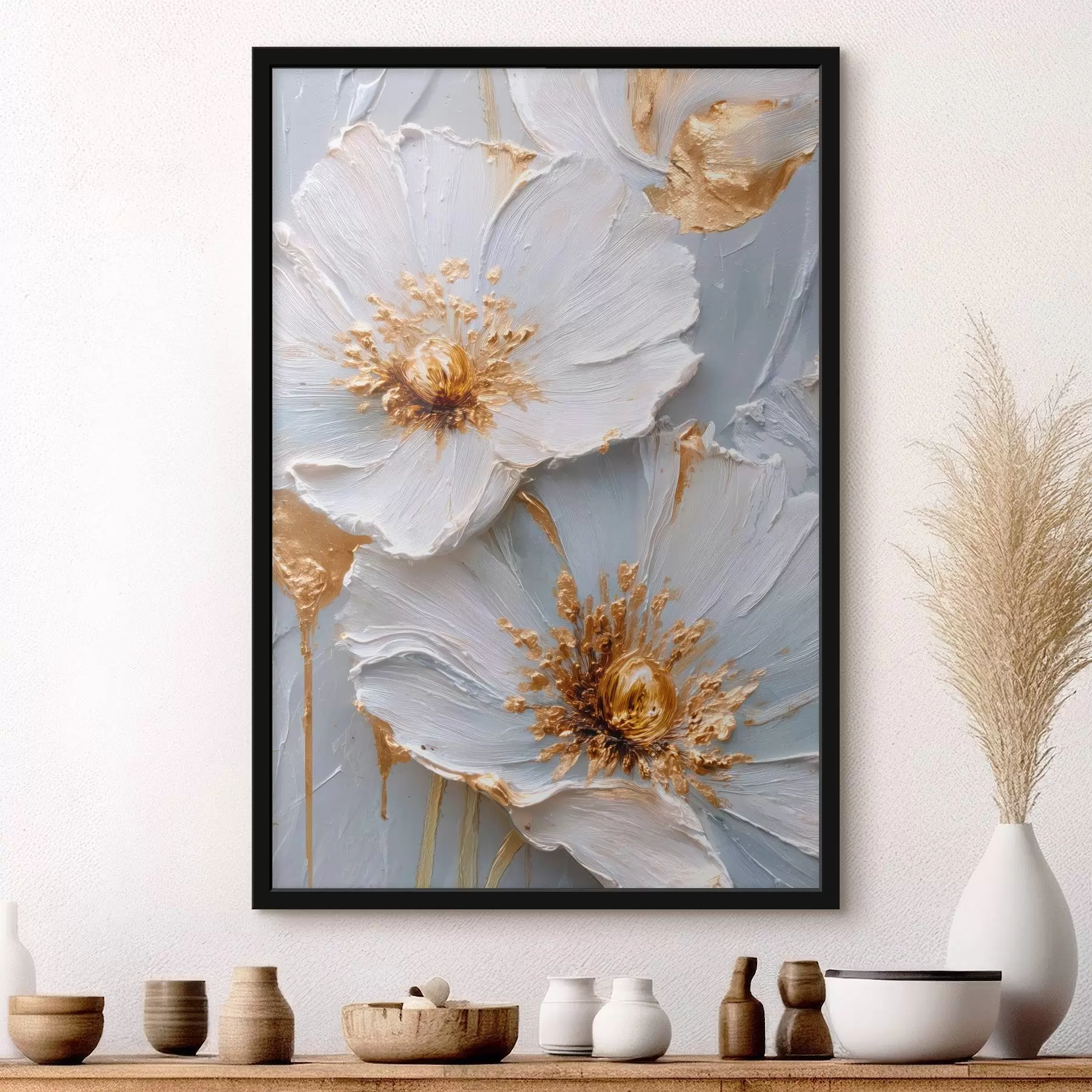 Fotobehang Gestructureerde madeliefjes: impasto kunst met expressieve penseelstreken f45241