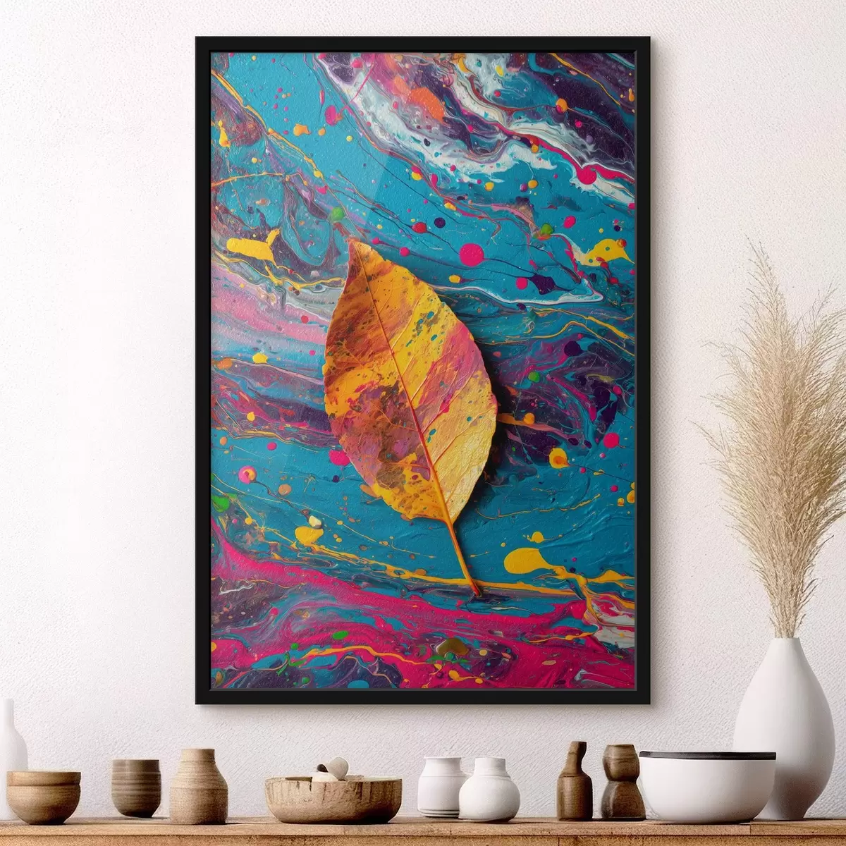 Poster Helder blad op een kleurrijke achtergrond: abstracte compositie f45245