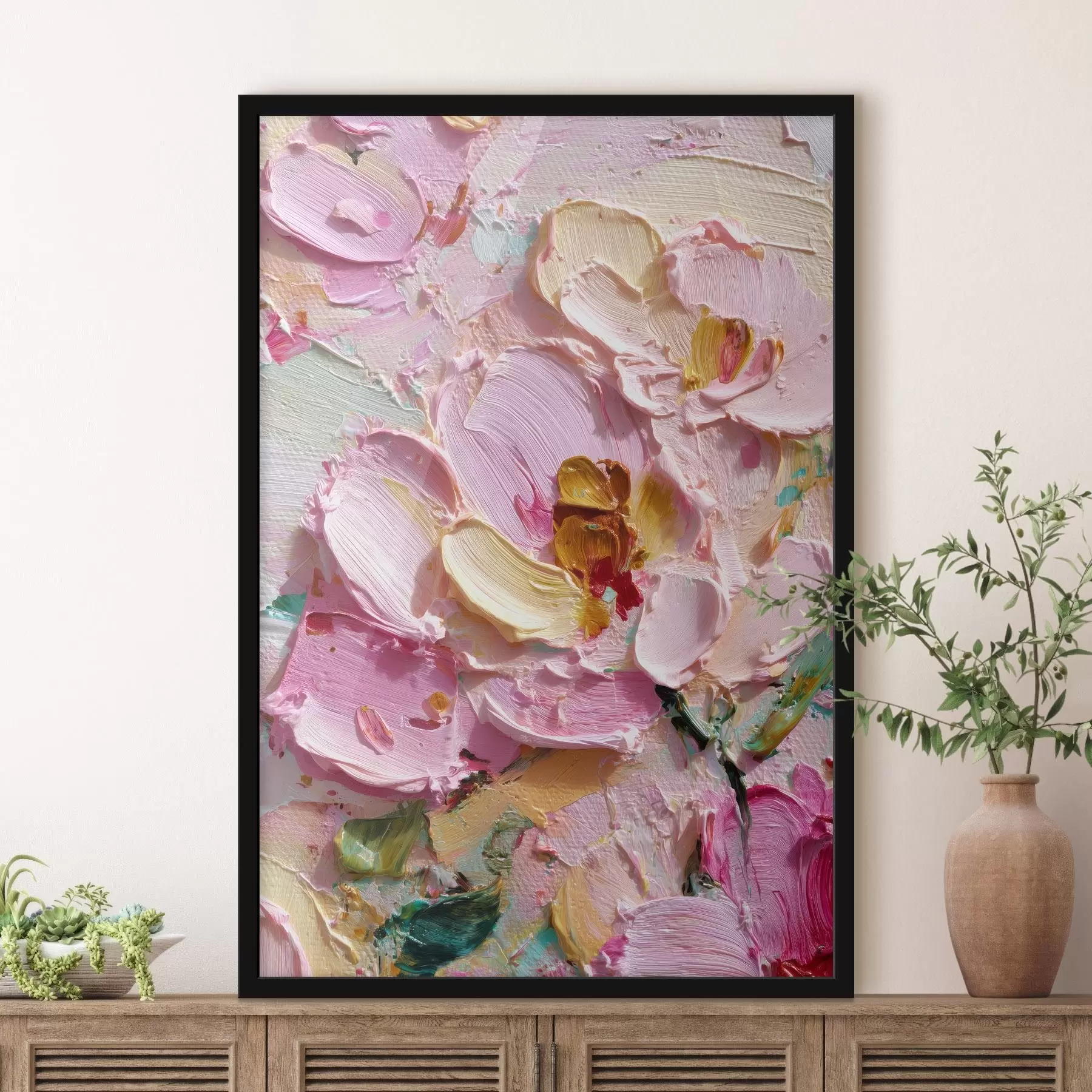  Schilderijen Roze magnolia's: structuurschilderij met dimensionale streken f45249
