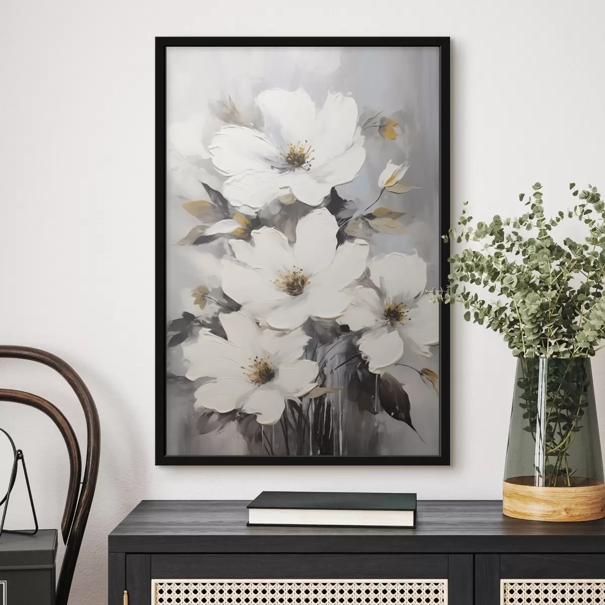 Poster Witte bloemen: volumetrisch schilderij op grijze achtergrond f45252