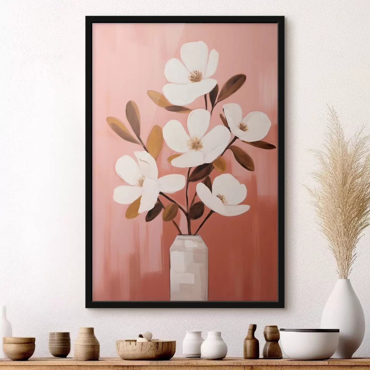 Affiche Magnolias blancs dans un vase blanc : peinture florale minimaliste f45254
