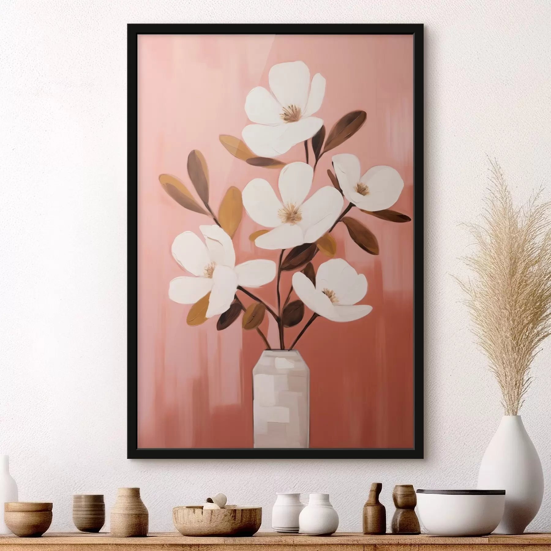 Fotobehang Witte magnolia's in een witte vaas: minimalistisch bloemenschilderij f45254