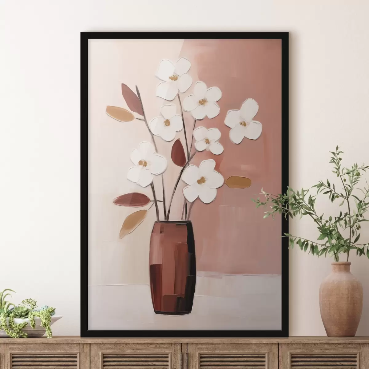 Affiche Fleurs blanches dans un vase sombre : peinture florale moderne f45255