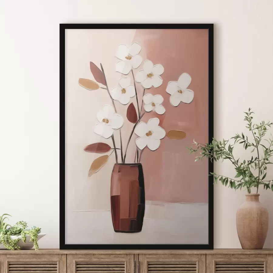Papier peint photo Fleurs blanches dans un vase sombre : peinture florale moderne f45255