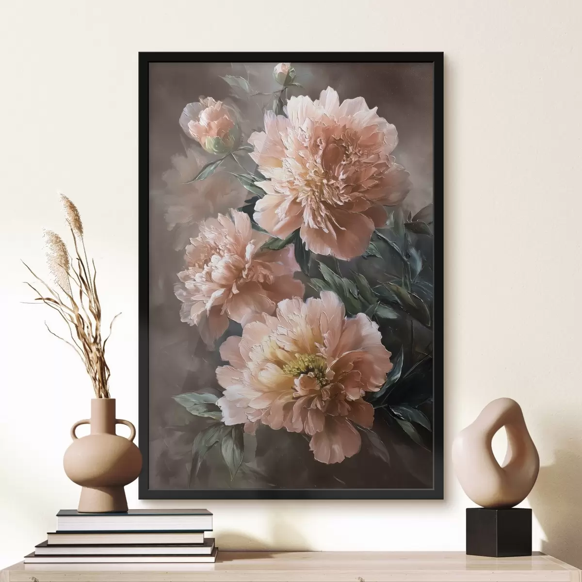 Affiche Bouquet de pivoines roses avec des traits gras sur un fond sombre f45260