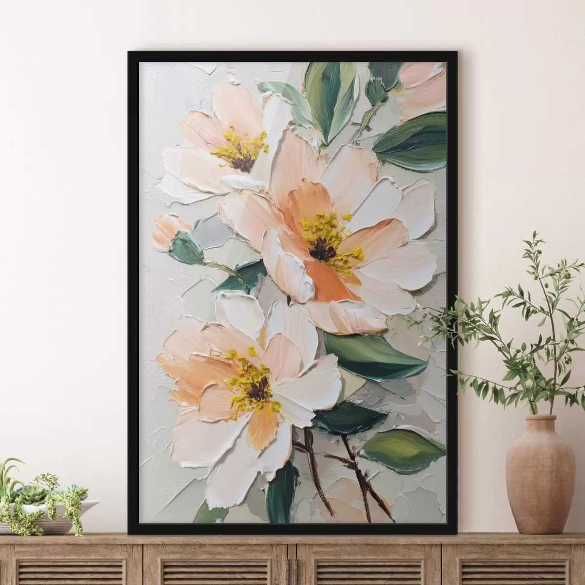 Poster Bloemen met wit gestippelde bloemblaadjes en een geel hart f45262