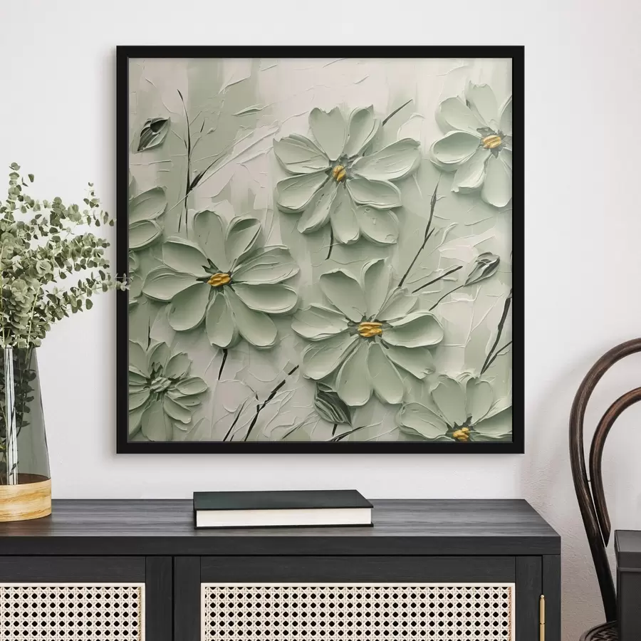 Fotobehang Groene bloemen met gele harten geschilderd in dikke penseelstreken op een lichte achtergrond f45265