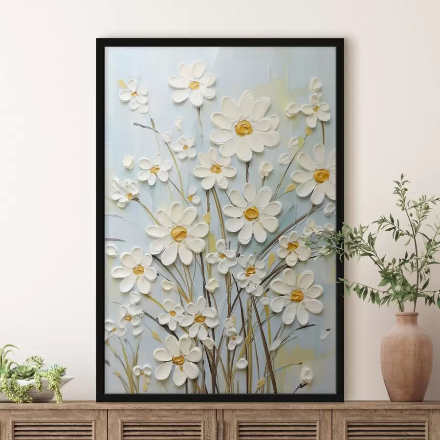 Fotobehang Gestructureerde madeliefjes: impasto kunst met expressieve penseelstreken f45266