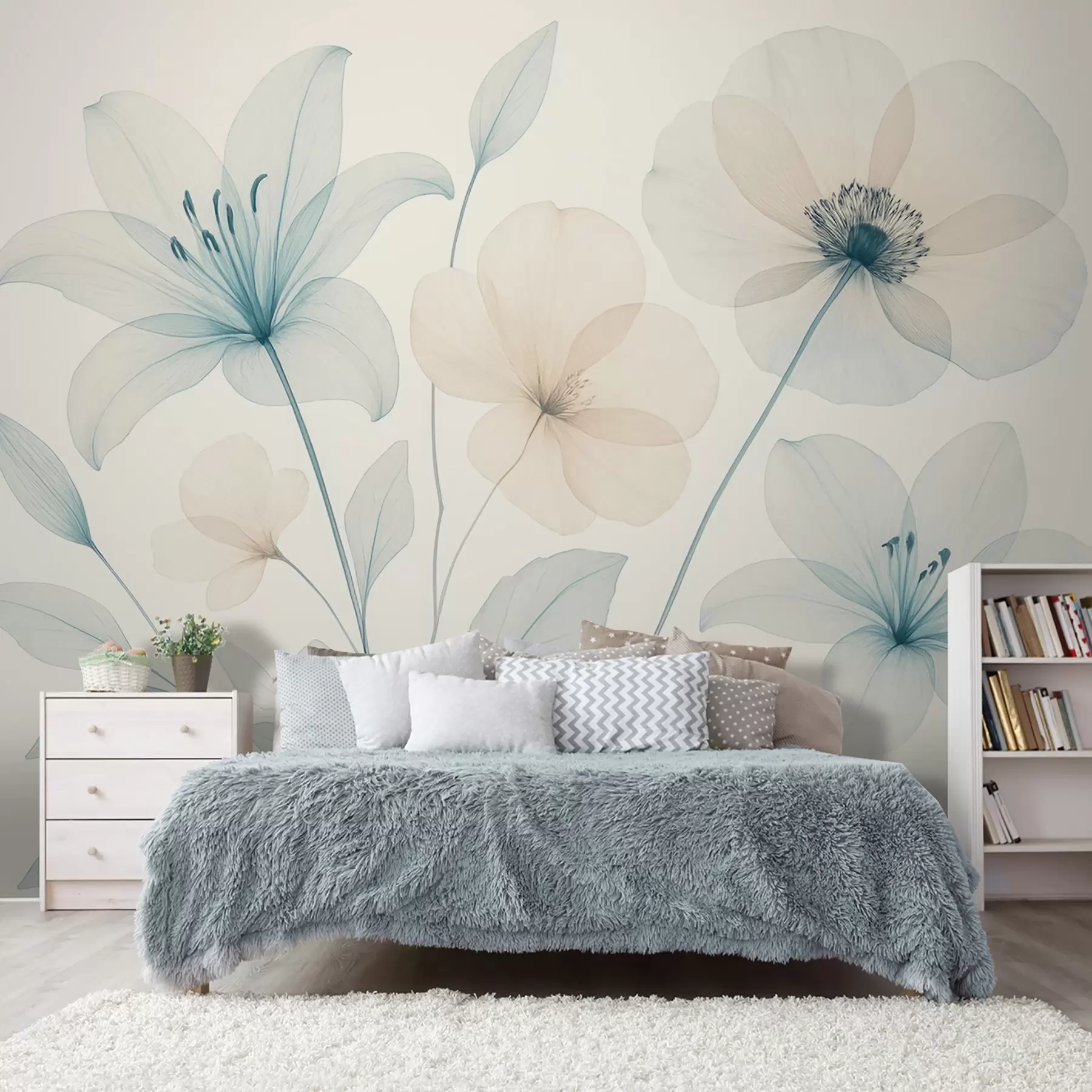 Papier peint photo Fleurs délicates dans un style aquarelle bleu pastel et crème w09287