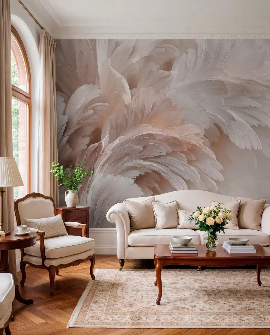 Papier peint photo Plumes et pétales aériens dans des tons rose crème w09301
