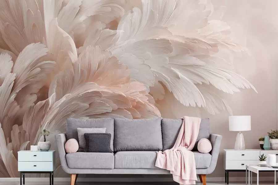 Papier peint photo Plumes et pétales aériens dans des tons rose crème w09301