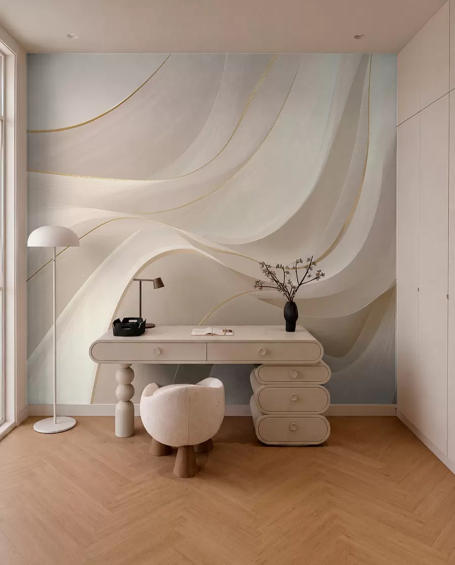 Fotobehang Vloeiende golven met gele accenten in crèmekleurig licht w09303