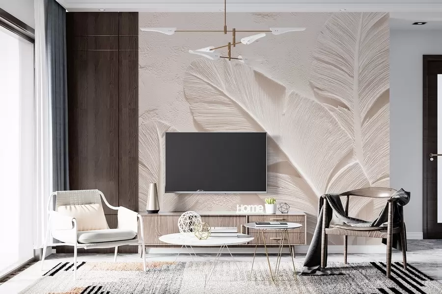 Papier peint photo Feuilles en relief dans des tons chauds beige-sable w09307v1