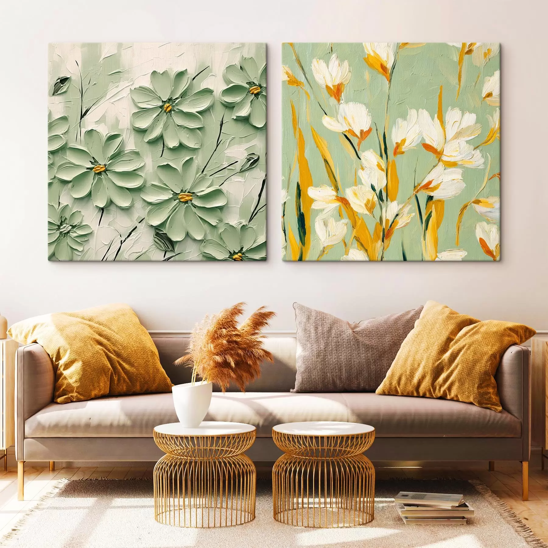  Schilderijen Bloemenweide: kunstcompositie met volumetrische bloemen op een pastelachtergrond m00567