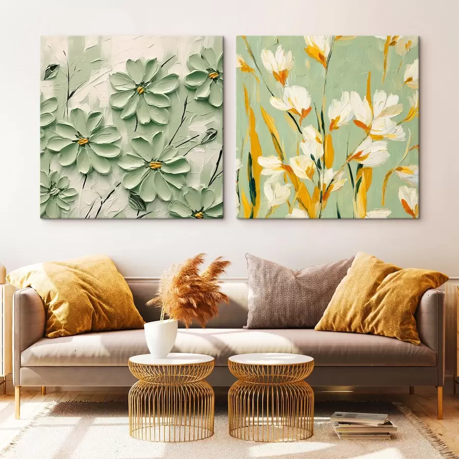  Peintures Prairie fleurie : composition artistique avec des fleurs volumétriques sur un fond pastel m00567