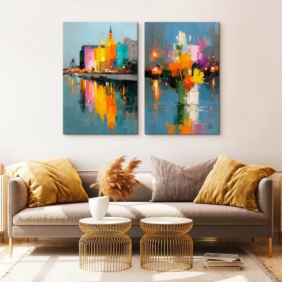  Peintures Dynamique de la ville : composition abstraite avec des reflets de lumières sur la rivière m00569