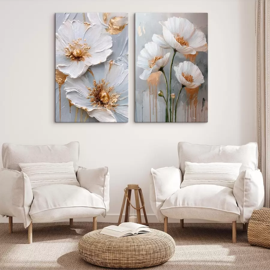  Schilderijen Volumetrisch schilderij van witte bloemen met gouden accenten op een grijze achtergrond m00568