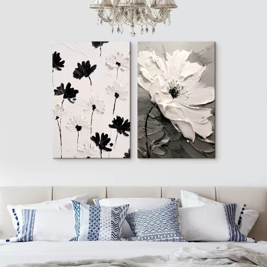  Peintures Diptyque de fleurs blanches et noires dans un style moderne m00571
