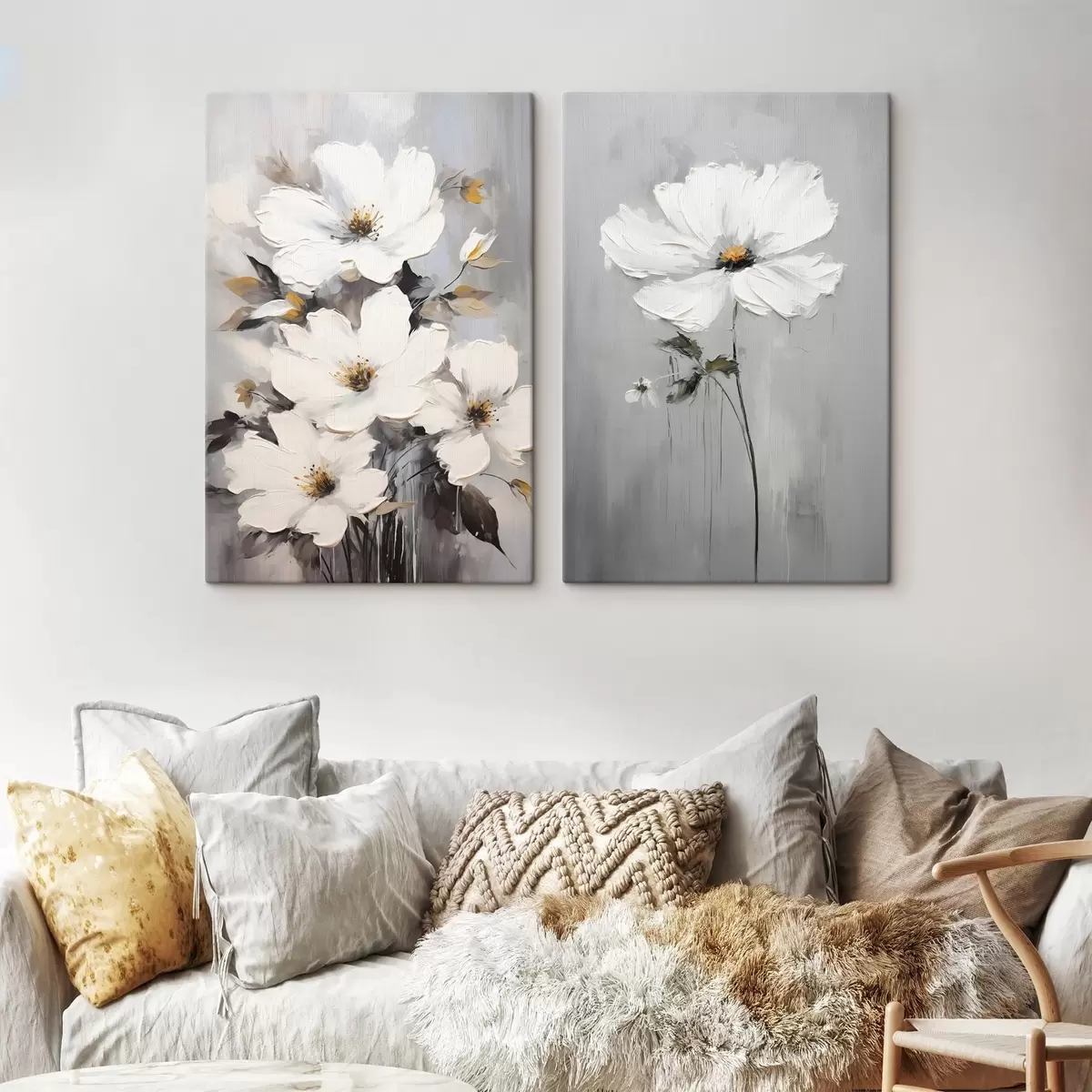  Peintures Composition artistique avec des fleurs blanches et une surface texturée dans un style minimaliste m00574