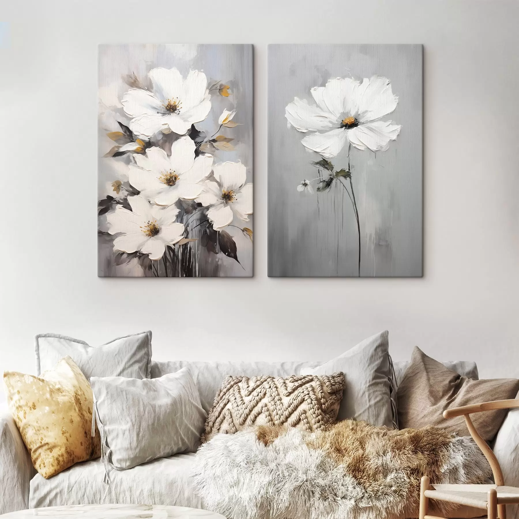  Peintures Composition artistique avec des fleurs blanches et une surface texturée dans un style minimaliste m00574
