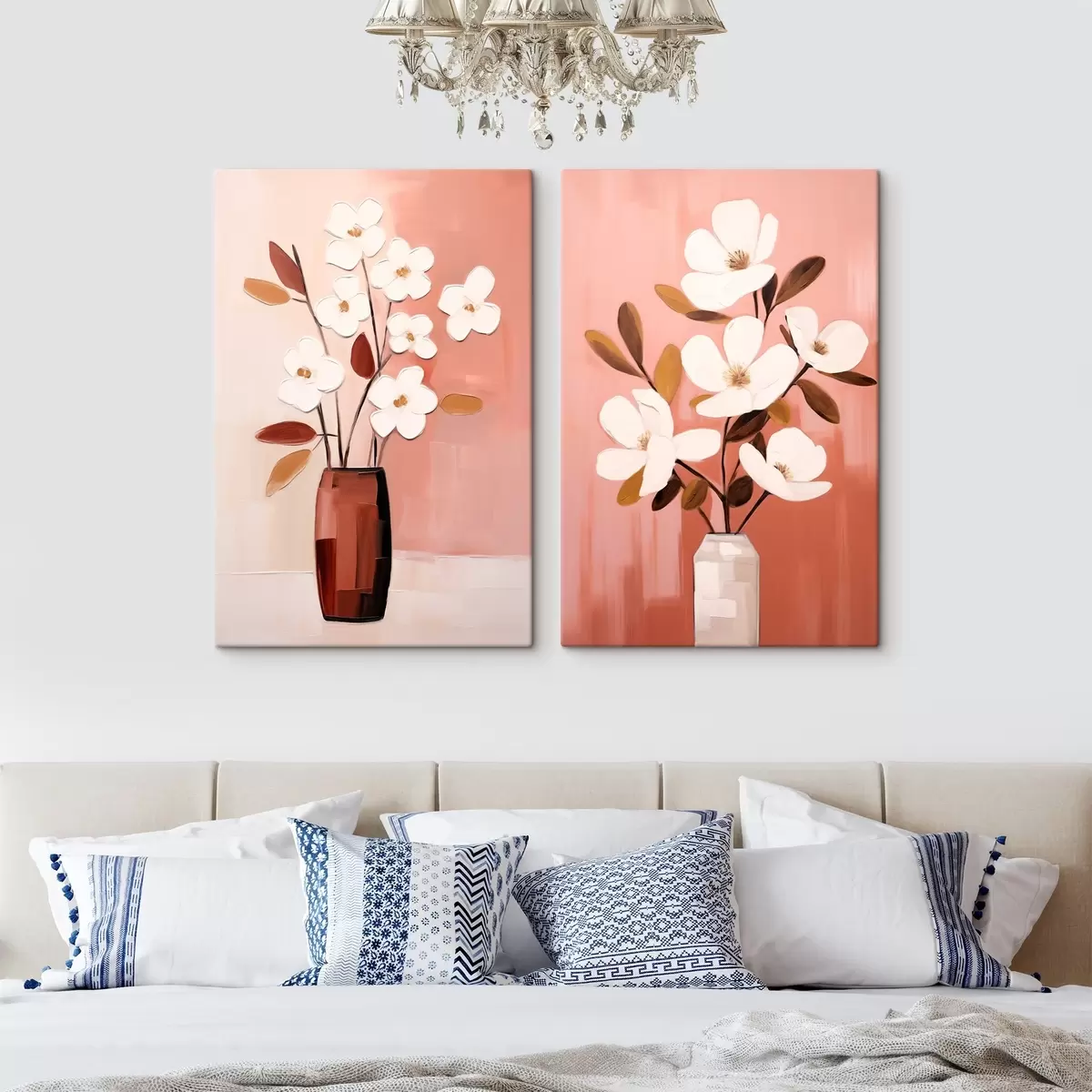  Peintures Composition avec vases contrastés et fleurs blanches texturées m00575