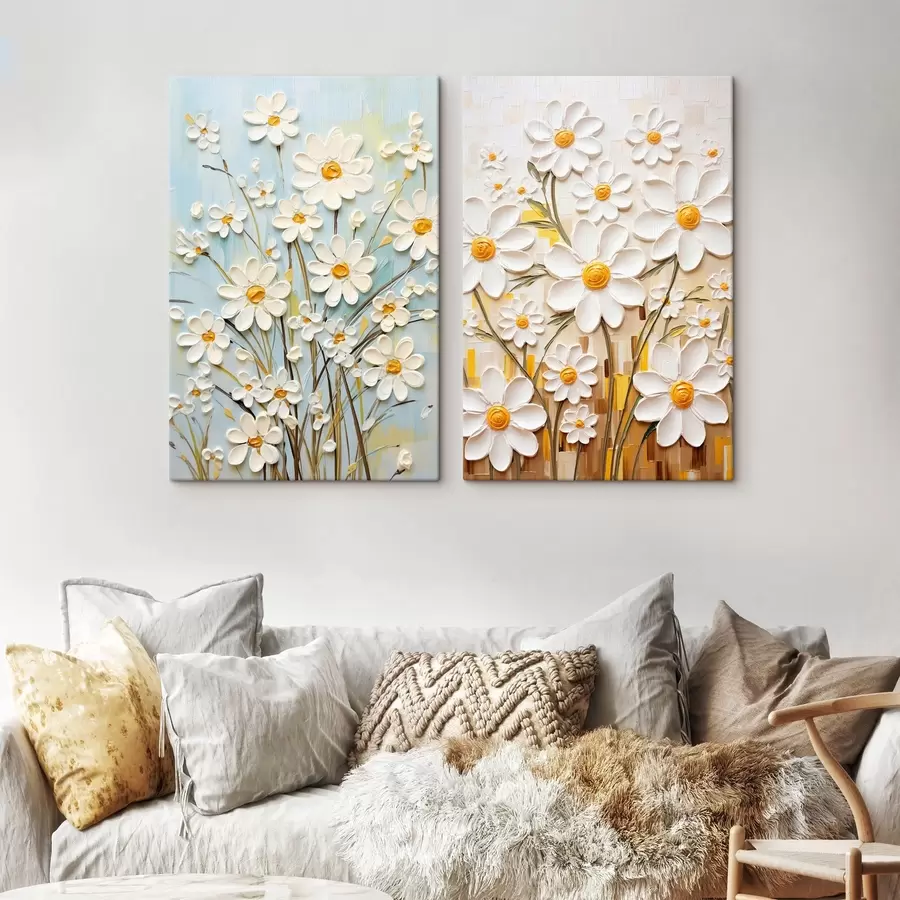  Peintures Fleurs ensoleillées : duo artistique avec des marguerites volumétriques et des accents jaunes m00580