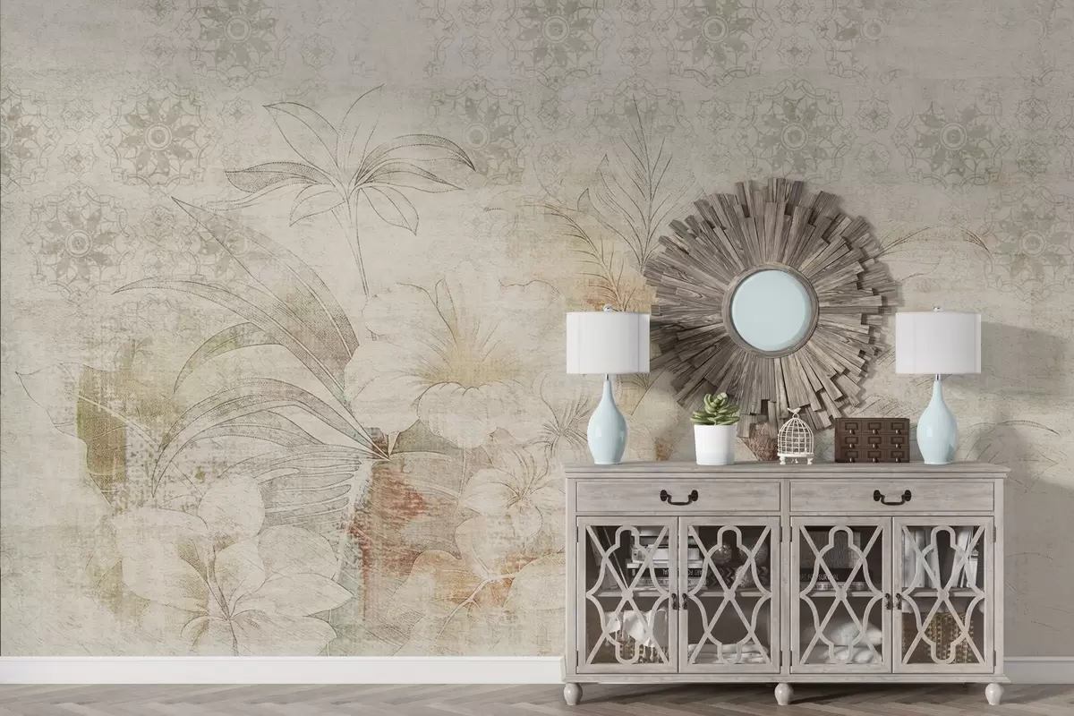 Fotobehang Bloemen en bladeren op gestructureerde achtergrond met ornamenten w04343