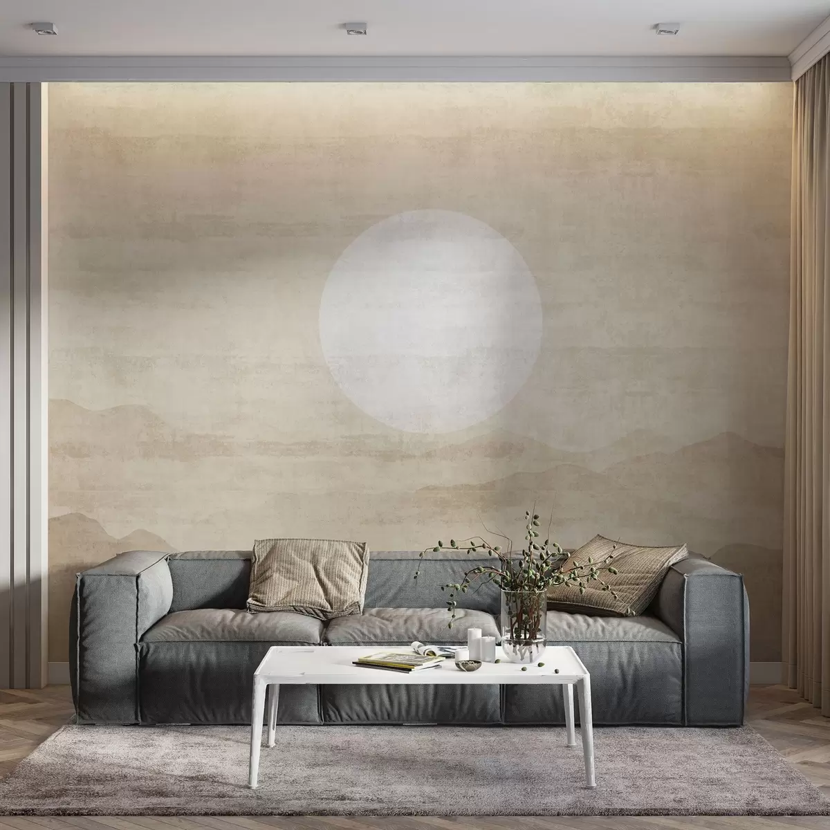 Fotobehang Minimalistisch berglandschap met grote witte zon w04345