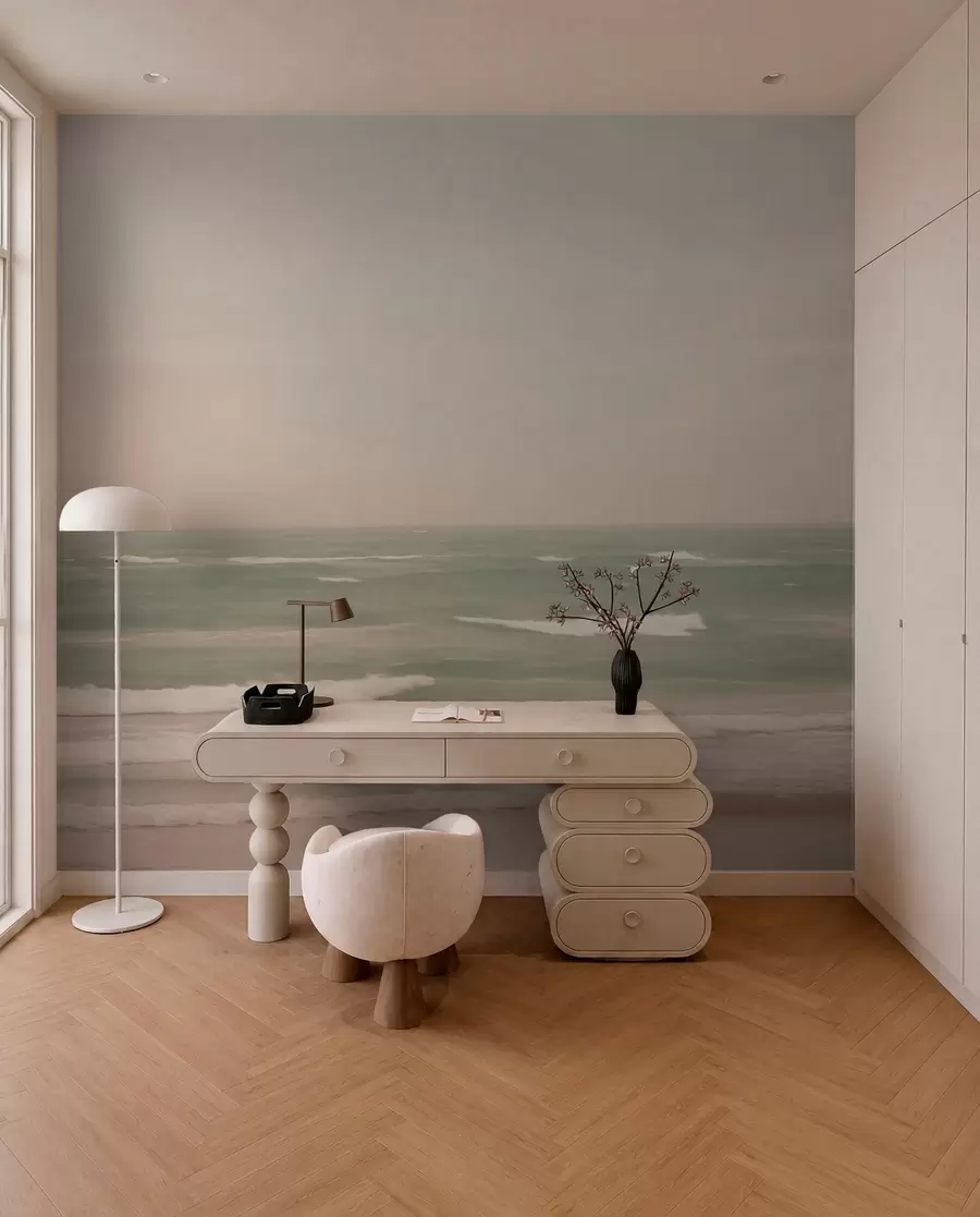 Fotobehang Zacht roze-groen zeegezicht met zachte golven w04348