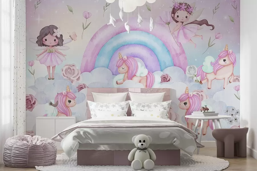 Fotobehang Feeën en eenhoorns tussen wolken en regenbogen w04371