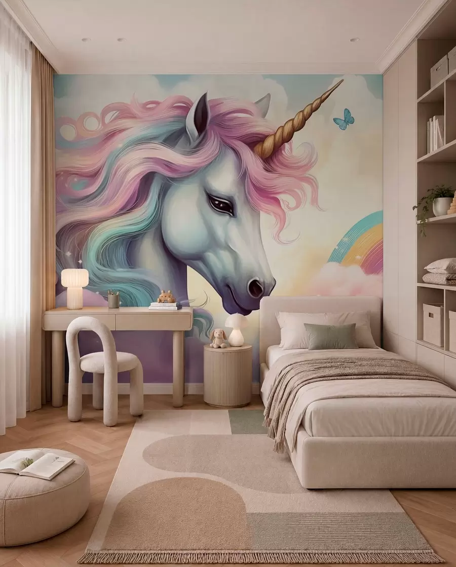 Fotobehang Eenhoorn met regenboogmanen w04372