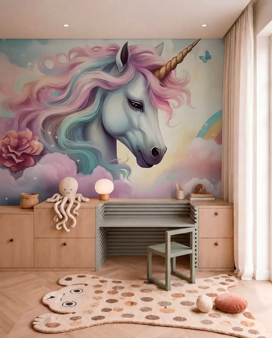 Fotobehang Eenhoorn met regenboogmanen w04372