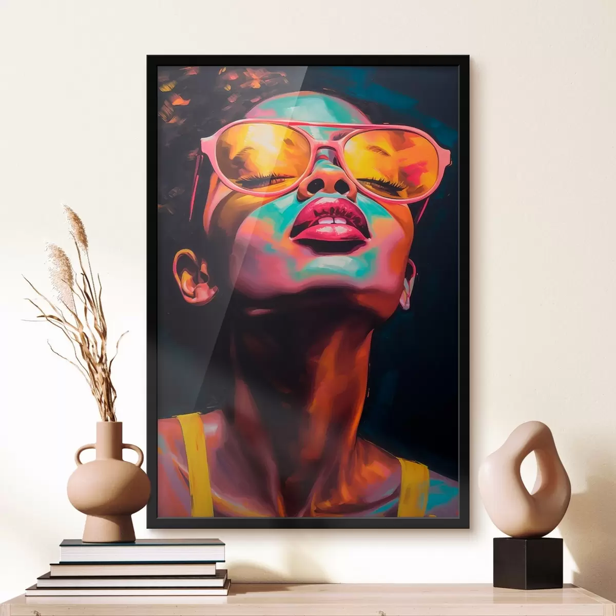 Poster Vrouw met gele bril f45311