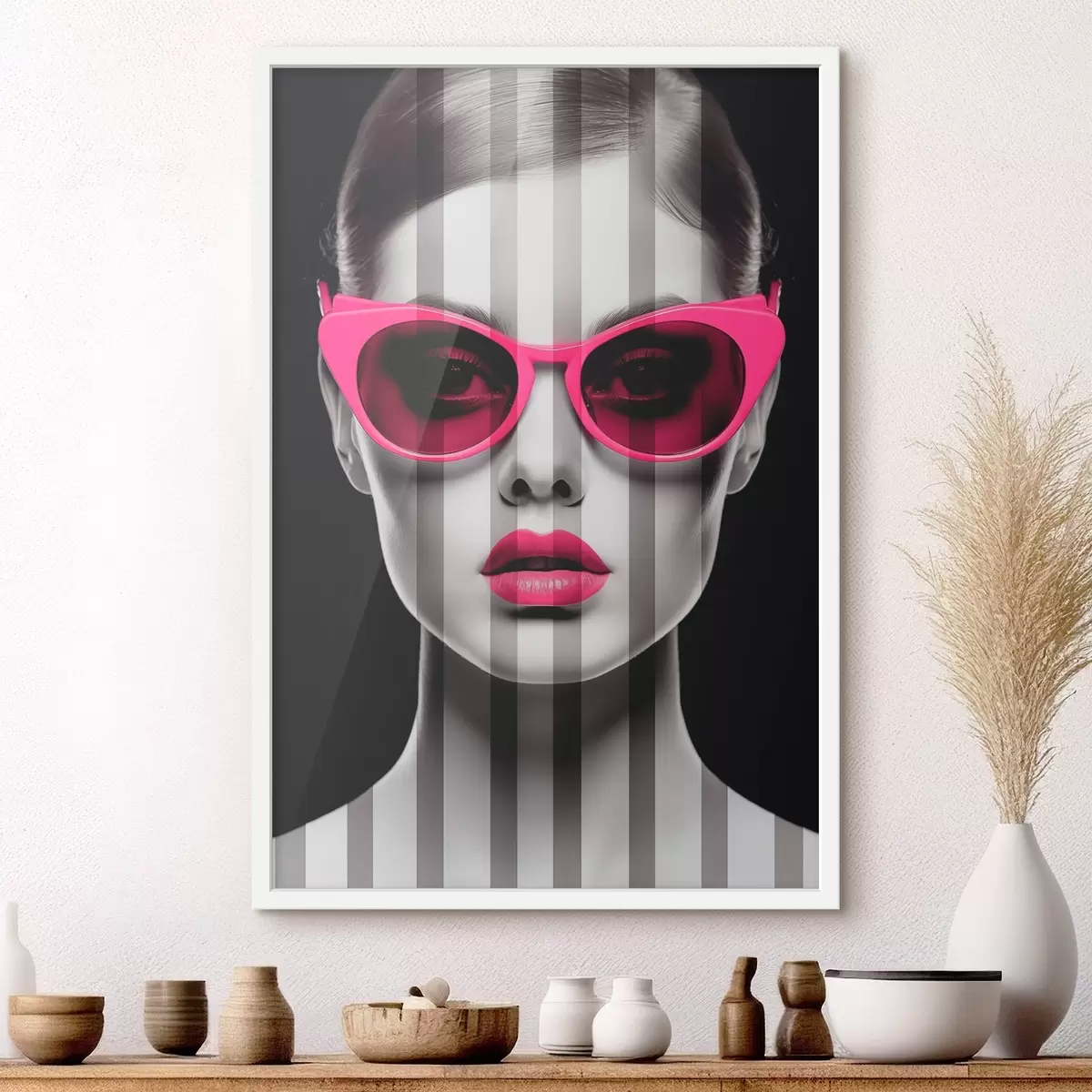 Affiche Femme portant des lunettes roses à rayures noires et blanches f45315