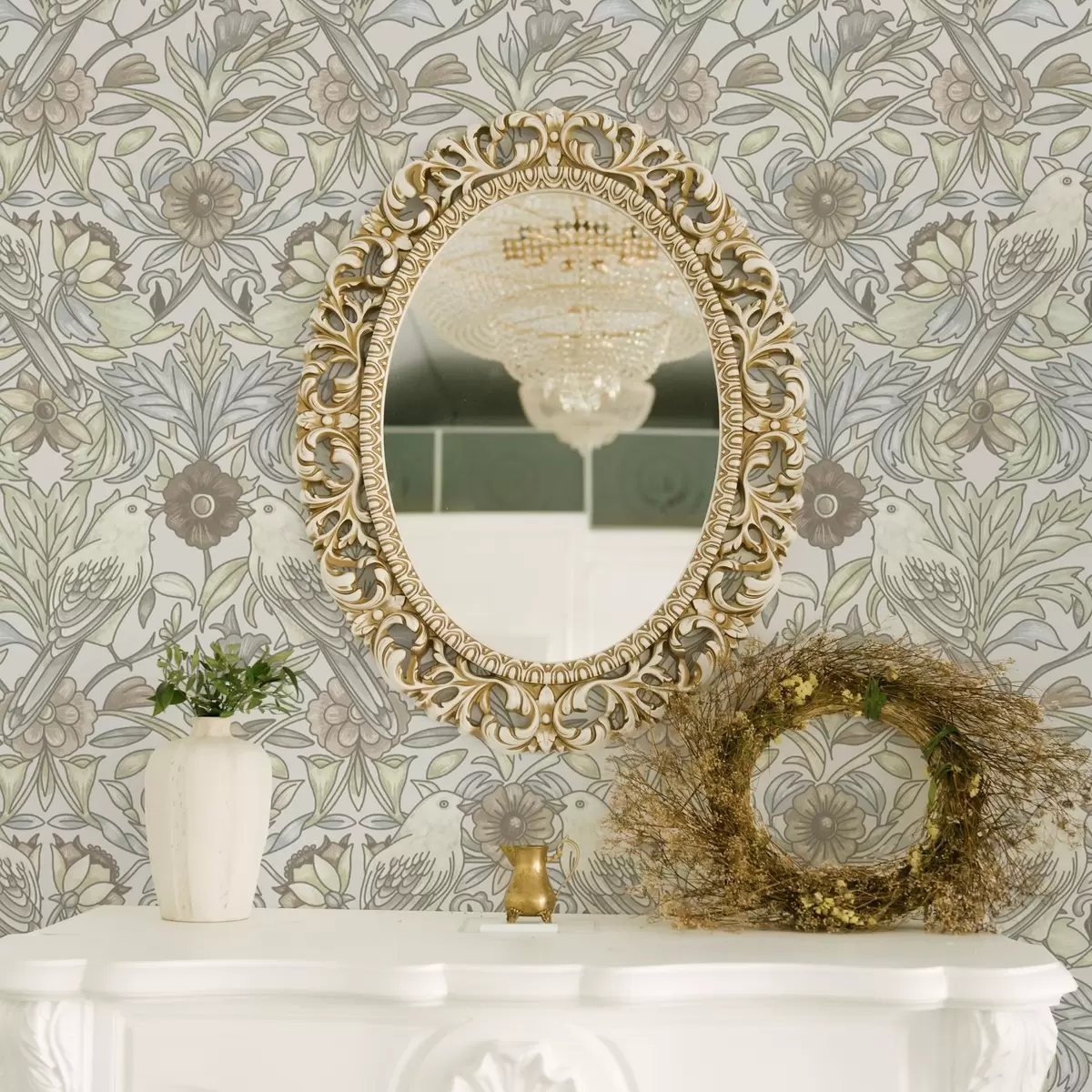 Papier peint Oiseaux Art Nouveau et fleurs stylisées pastel a00385