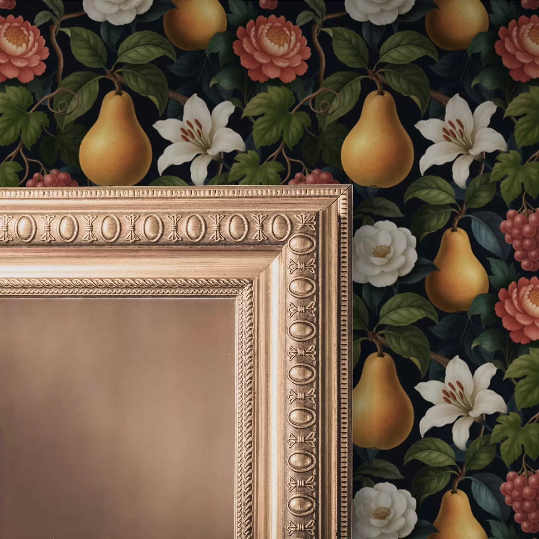 Fotobehang Barok fruit en bloemen op een dramatische donkere achtergrond a00387