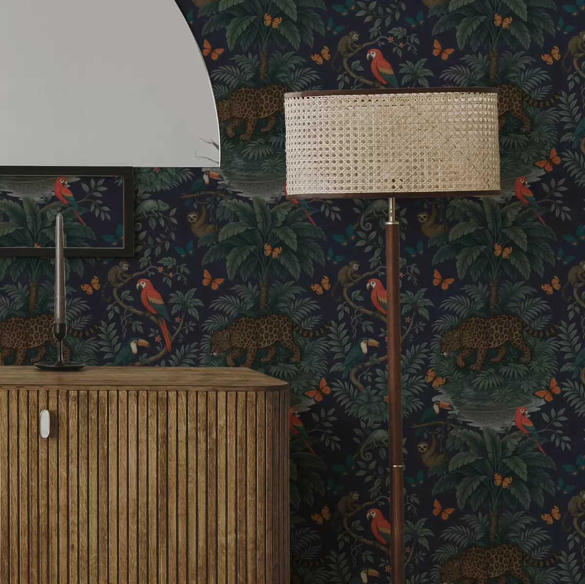 Papier peint Jungle tropicale avec léopard, léopard, perroquets et papillons a00388