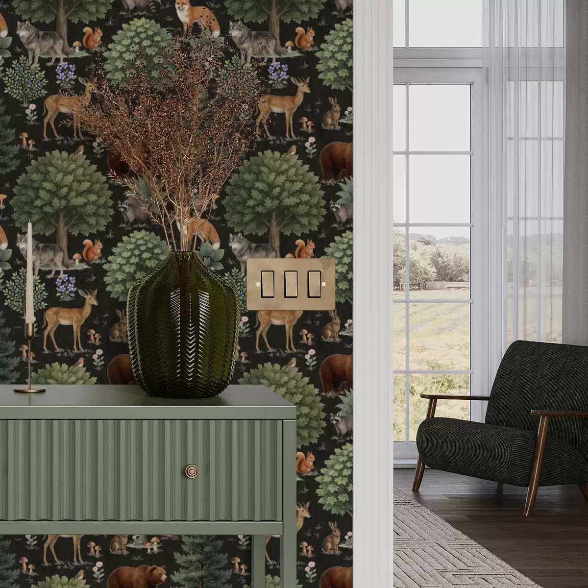 Papier peint Aquarelle d'animaux de la forêt avec arbres et champignons a00391