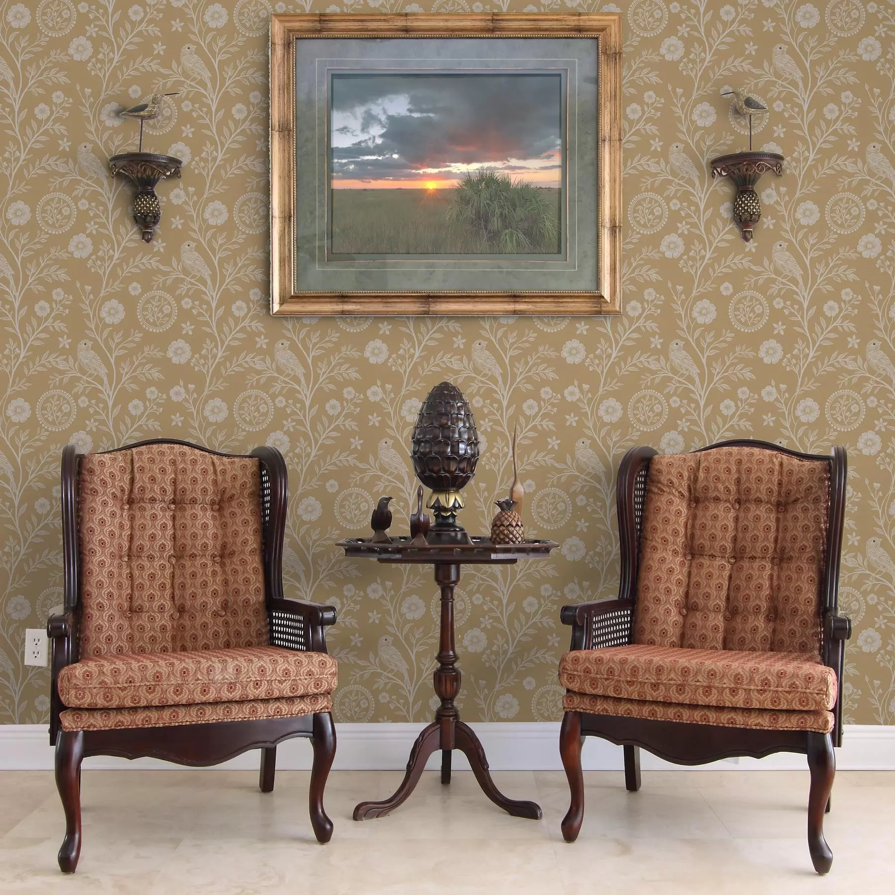 Fotobehang Delicate schets van een witte vogel en bloem witte vogel en bloem op okerkleurige achtergrond a00393