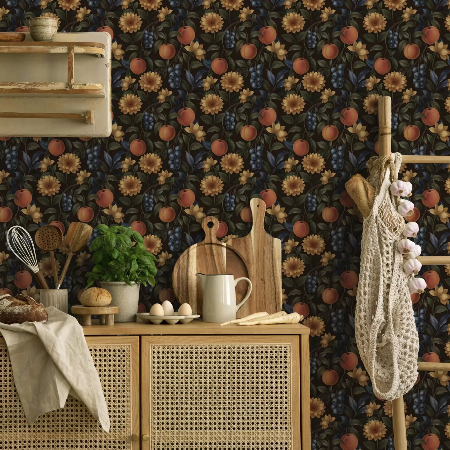 Fotobehang Fruit en gele bloemen op donkere botanische achtergrond a00395