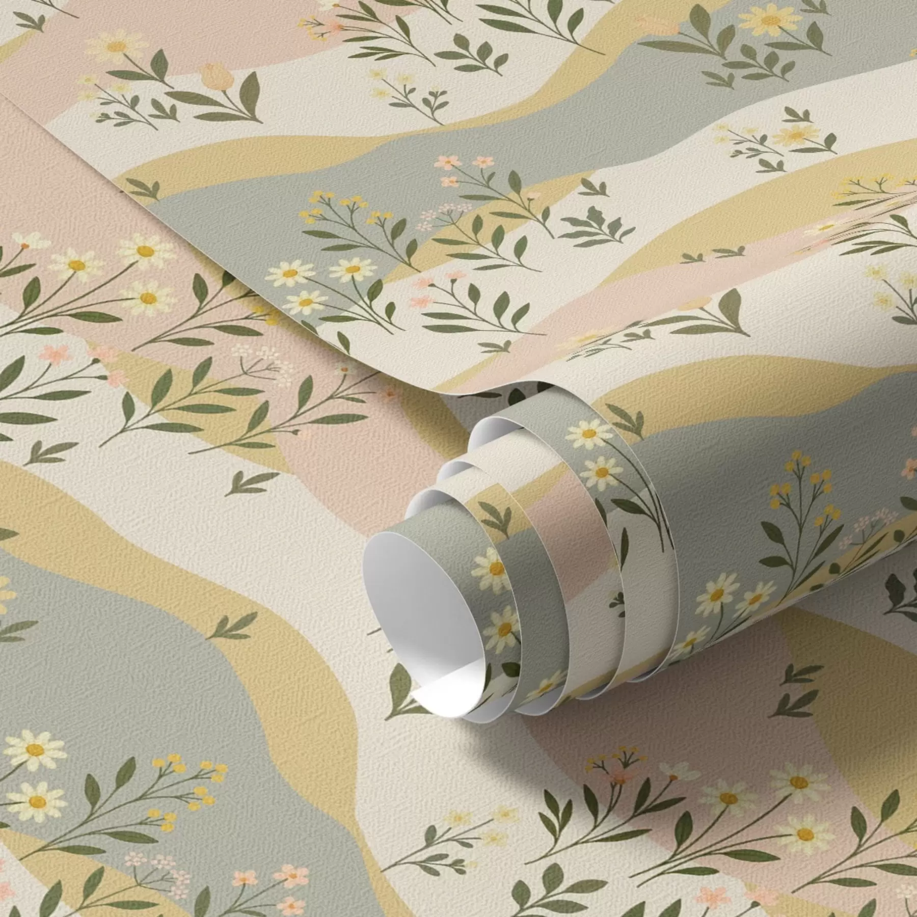 Fotobehang Golvende weidebloemen in pastel minimalistische stijl a00396