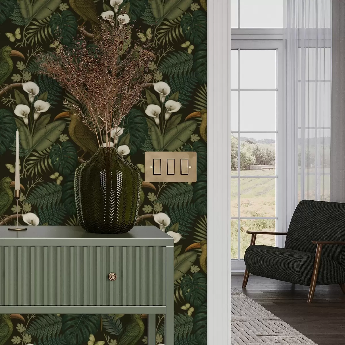 Papier peint Oiseaux tropicaux et verdure luxuriante sur fond de jungle sombre a00397