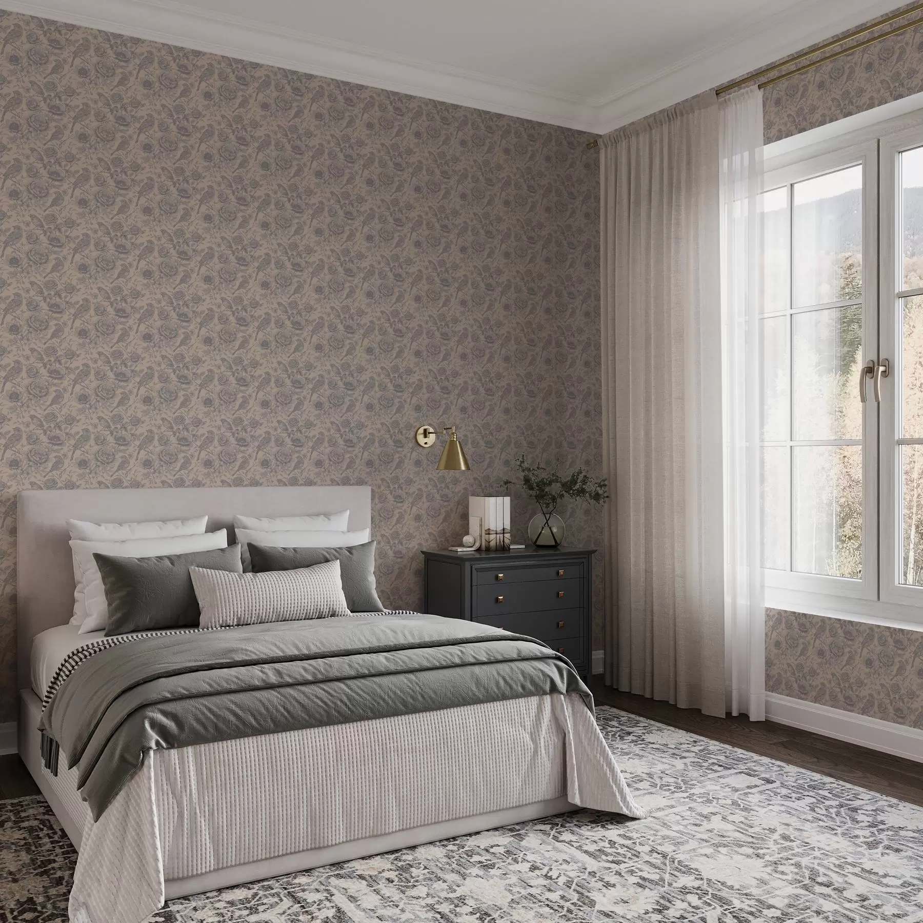 Papier peint photo Oiseaux et fleurs vintage sur un fond beige doux a00423