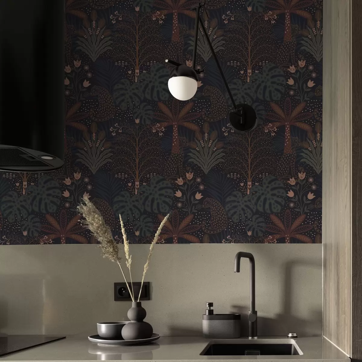 Papier peint Jungle sombre avec léopards, palmiers et fleurs a00424